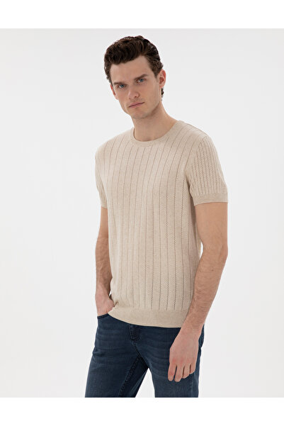 Pierre Cardin Bej Keten Karışımlı Regular Fit Bisiklet Yaka Triko Tişört 5030...