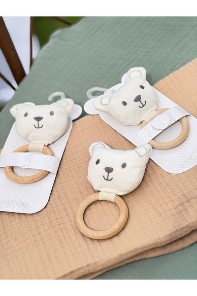 BETSY STUDIO Wooden Teether & Plush Teddy Bear Rattle Fiber Filled