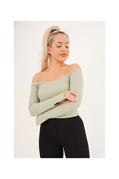 Cotton Mood 23254221 Ribbed Knit Madonna Ankle Slit Uz. Sleeve Blouse Green