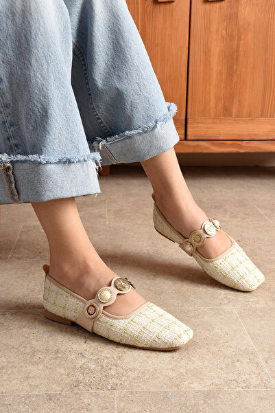 topukludünyası Renkli Tüvit Kumaş Küt Burun Kadın  Babet Ayakkabı