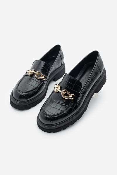Marjin Rizya Black Croco – Loafer-Freizeitschuhe für Damen mit dicker Sohle und Schnalle