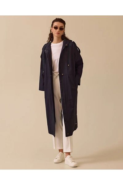 SEÇİL Magazine-Length Long Trench Coat with Hooded Button, Navy Color, 42-Size