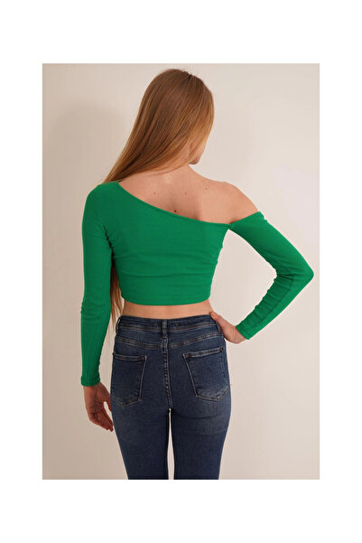 Cotton Mood 23254281 Ribbed Knit One-Shoulder Long Sleeve Blouse Green