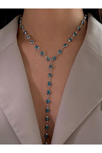 h&b design jewel Çelik Mavi Kalp Zincirli Y Kolye