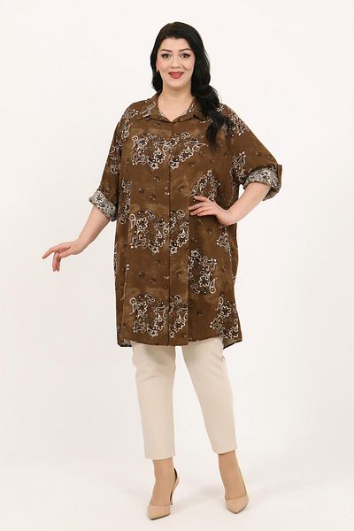 By Alba Collection Women's Tan Patterned Cotton Viscose Large Size Tunic