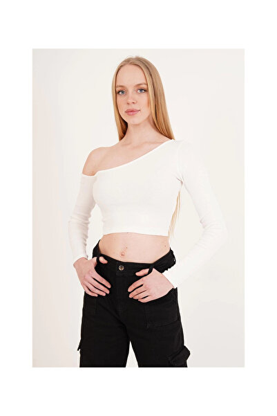 Cotton Mood 23254281 Camisole One-Shoulder Low-Cut Long-Sleeve Blouse White