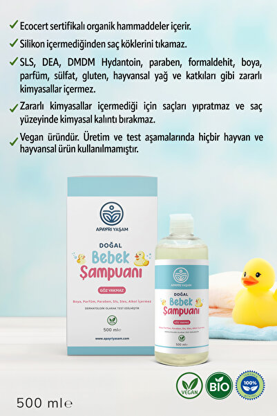 ApAyrı Yaşam %100 Bitkisel Doğal Bebek Şampuanı 500 ml