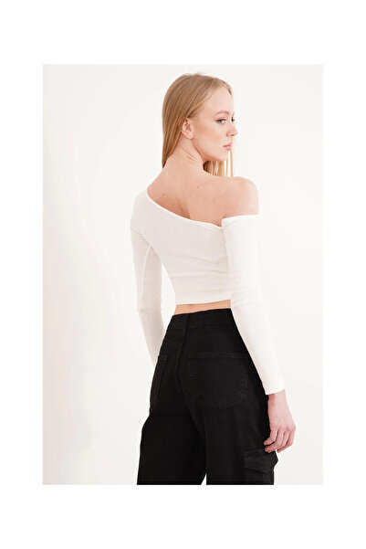 Cotton Mood 23254281 Camisole One-Shoulder Low-Cut Long-Sleeve Blouse White