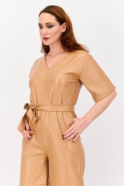 H by Halston Women Plain Short Sleeve Belted Jumpsuit, Tan