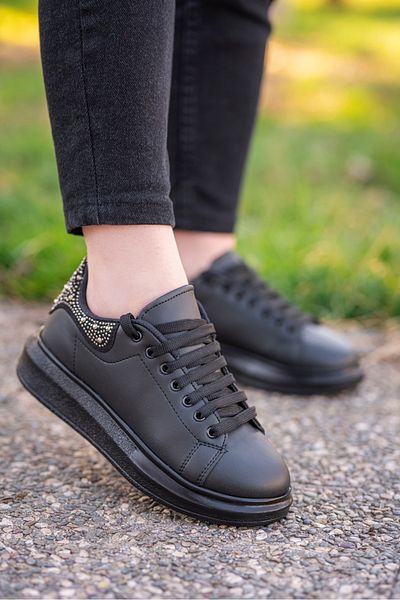 Weynes Pantofi sport casual de damă, negri, cu talpă plată, cu pietre la spate WSB4010