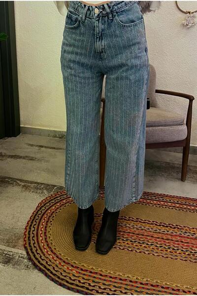 Violeta Kadın Dikey Taşlı Bol Paça Yüksek Bel Geniş Paça Bilek Wide Leg Jean ...