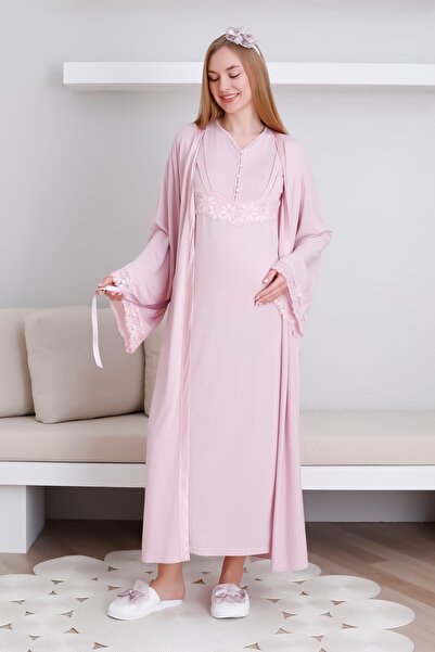 ERDENİZ TEKSTİL Hamile Gecelik Takım Önü Düğmeli 2'li Gecelik ve Sabahlık Tak...