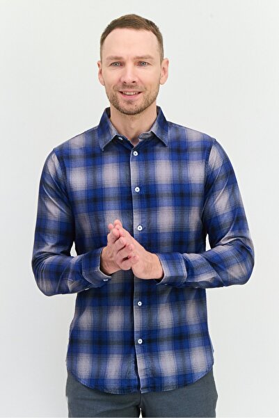 GAS قميص رجالي كاجوال بأكمام طويلة منقوش بقصّة عادية، أزرق/أسود