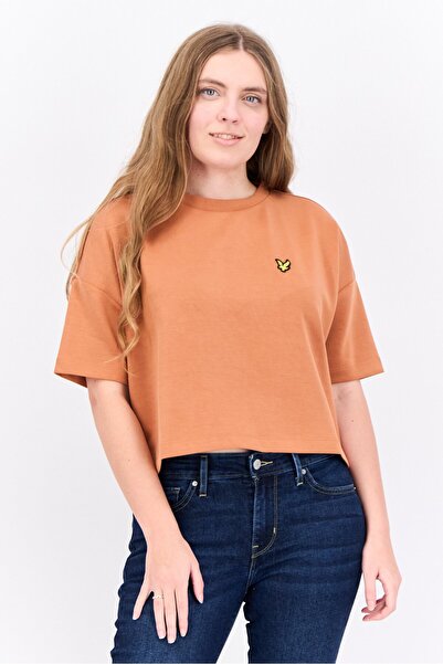 Lyle & Scott Women Crew Neck Cap Sleeves Embroidered Logo Cropped T-Shirt, Brown