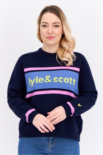 Lyle & Scott سترة نسائية برقبة دائرية وشعار العلامة التجارية، أزرق داكن