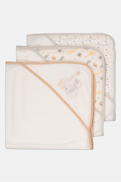 RENE ROFE Toddlers Girl 3 Pcs Printed Hooded Towel, White/yellow Combo