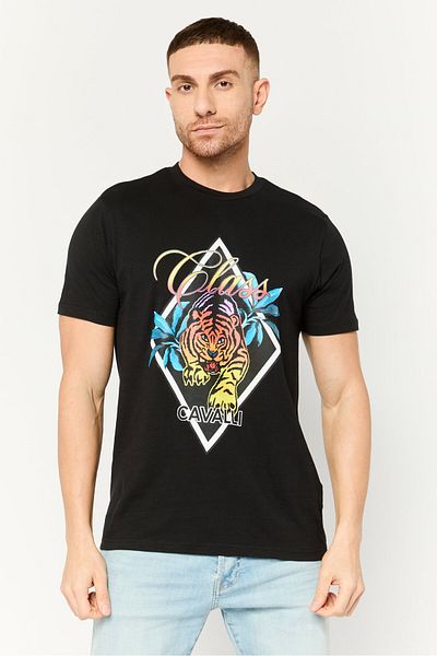 Cavalli Class Men Crew Neck Short Sleeve Graphic Print T-shirt, Black Combo