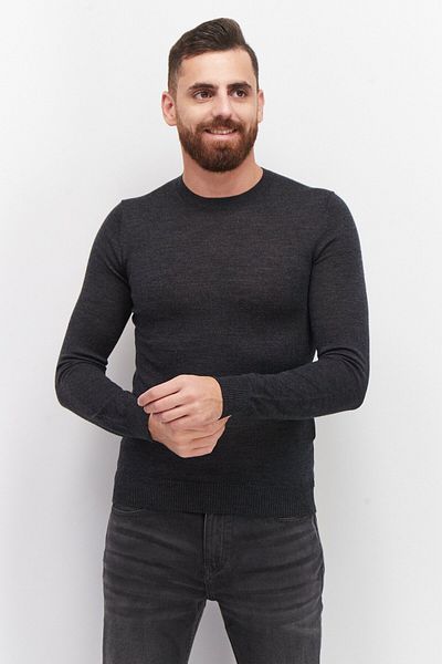 CELIO Men Crew Neck Plain Long Sleeves Sweaters, Dark Grey