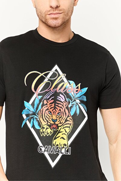 Cavalli Class Men Crew Neck Short Sleeve Graphic Print T-Shirt, Black Combo