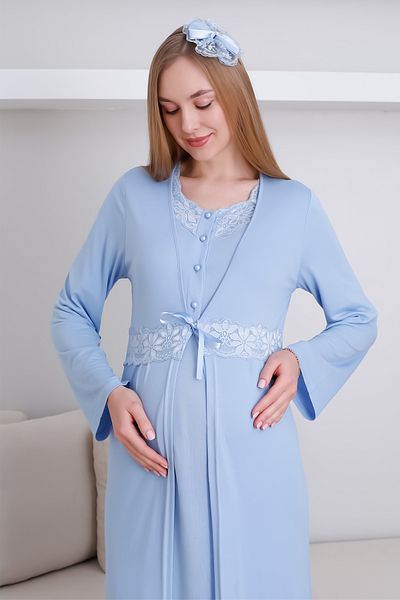 ERDENİZ TEKSTİL Set cămașă de noapte și rochie de maternitate și de maternitate cu decolteu în V cu dantelă / papuci și cadou coroană