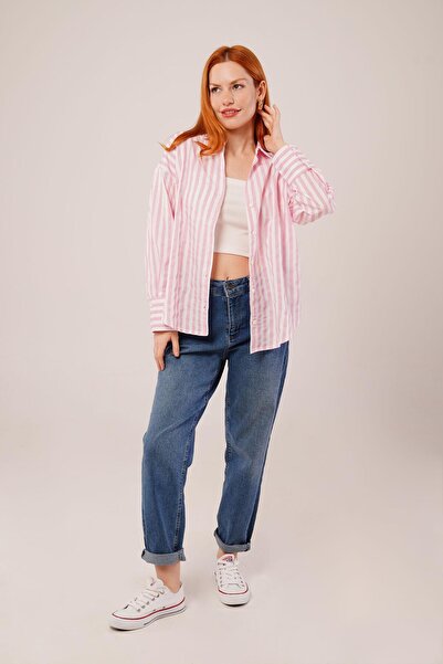 Melek Moda Eyesof Striped Relaxed Fit Pink Shirt