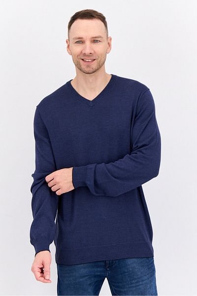 Perry Ellis Men V Neck Textured Long Sleeves Sweatshirt, Navy