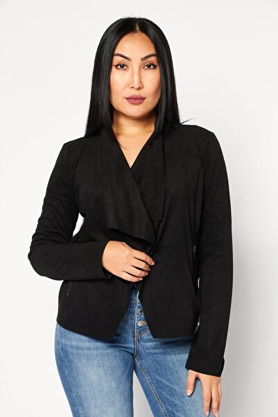 Bagatelle Women Split Neck Long Sleeve Solid Suede Cardigan, Black