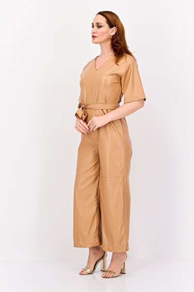H by Halston Women Plain Short Sleeve Belted Jumpsuit, Tan