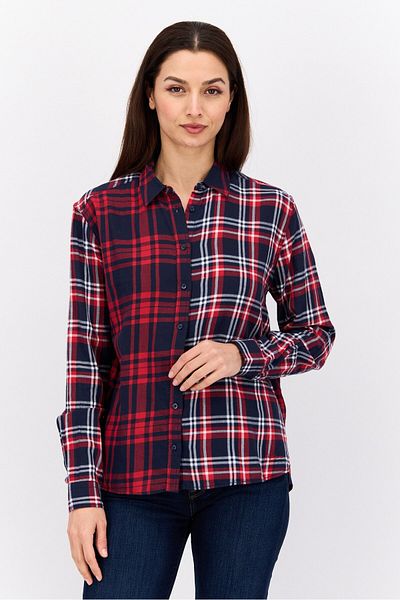 Pepe Jeans Women Spread Collar Long Sleeve Plaid Top, Red Combo
