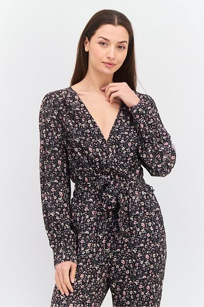 Pepe Jeans Women Floral Print Long Sleeves Belted Jumpsuit, Black Combo