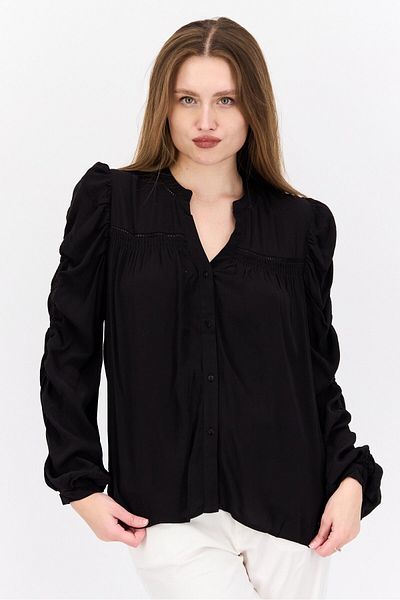 Pepe Jeans Women V Neck Long Sleeve Textured Top, Black