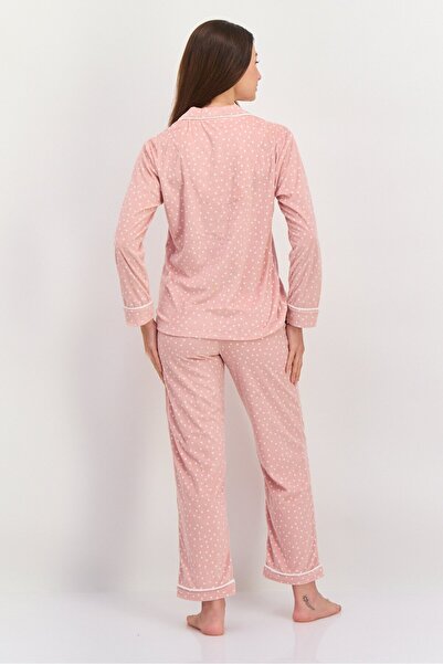 Anne Klein Women 2 Pieces Long Sleeve Polka Dots Top And Pajama Set, Dusty Pink