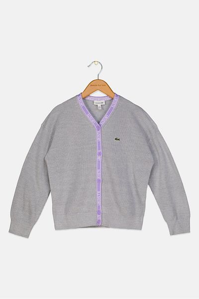 Lacoste Kids Girl V-Neck Embroidered Logo Cardigan, Grey
