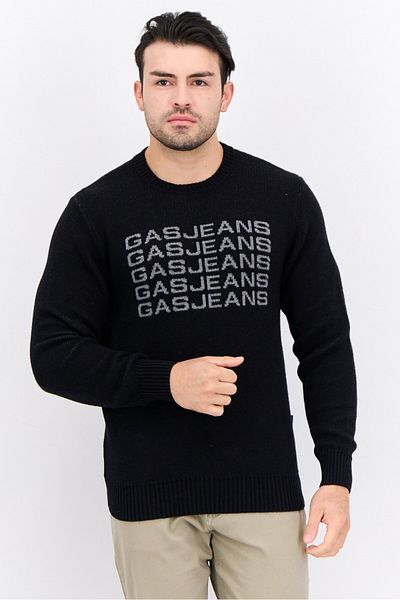 GAS Men Crew Neck Knitted Long Sleeve Sweater, Black