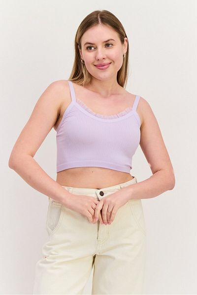 Guess بلوزة قصيرة نسائية بدون أكمام بفتحة رقبة دائرية، لون لافندر