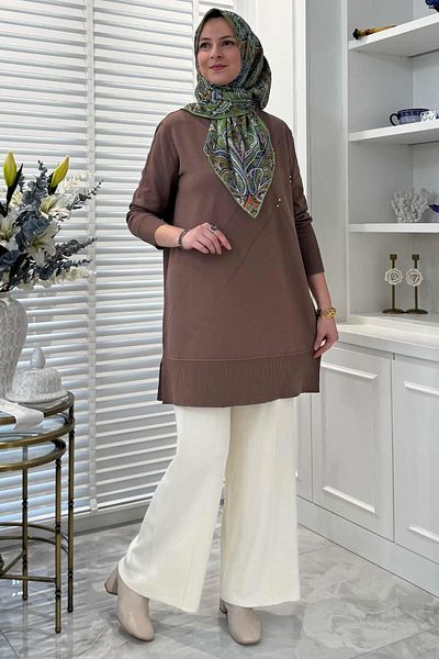Rabia Şamlı Πλεκτό Τουνίκ - Gonca Stone Milky Brown