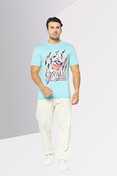 Cavalli Class Men Round Neck Short Sleeve Graphic Print T-Shirt, Light Blue