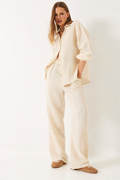 Bianco Lucci Női túlméretes ing zsebbel Palazzo aranyozott muszlin alsó-felső szett 80152 60271078