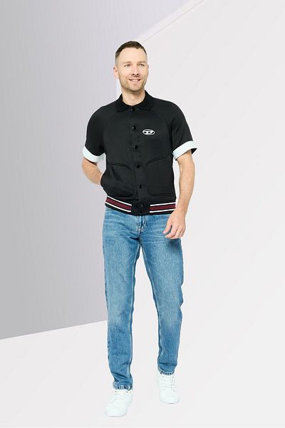 Diesel Men Spread Collar Short Sleeves Brand Logo Cardigan, Black Combo