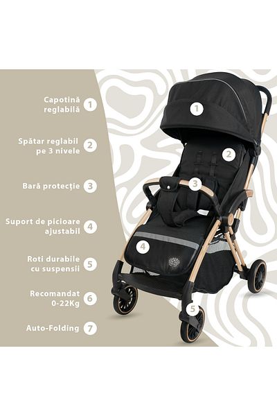 APPEKIDS Upp Ultracompact Sports Stroller, Automatic Folding, From Birth To 22kg - Jet Black