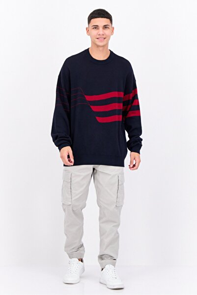 Perry Ellis Men Crew Neck Stripe Sweater, Navy