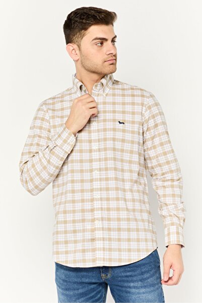 Harmont & Blaine قميص رجالي كاجوال منقوش بأكمام طويلة وقصّة عادية، لون بني