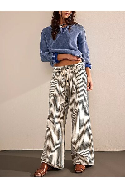 september island Black Stripe Leg Adjustable Detailed Denim Trousers