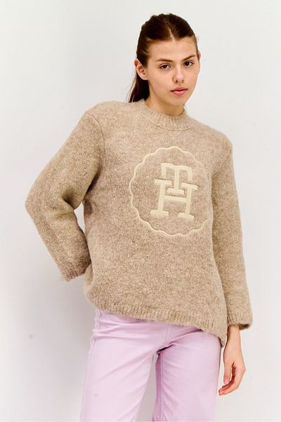 Tommy Hilfiger Women Crew Neck Long Sleeves Embroidered Sweater, Grey