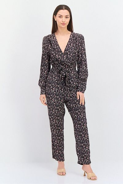 Pepe Jeans Women Floral Print Long Sleeves Belted Jumpsuit, Black Combo
