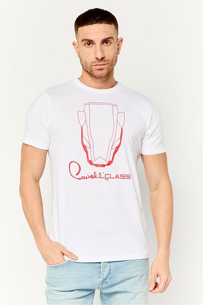 Cavalli Class Men Crew Neck Short Sleeve Graphic Print T-shirt, White