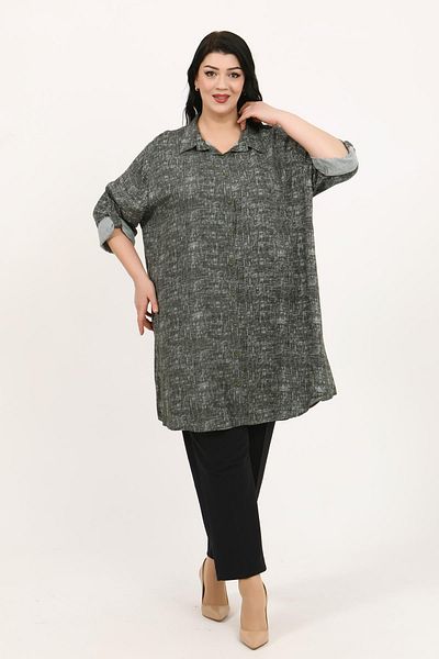 By Alba Collection Women's Khaki Patterned Cotton Viscose Large Size Tunic