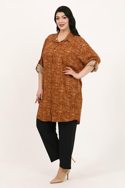 By Alba Collection Women's Brick Color Patterned Cotton Viscose Large Size Tunic