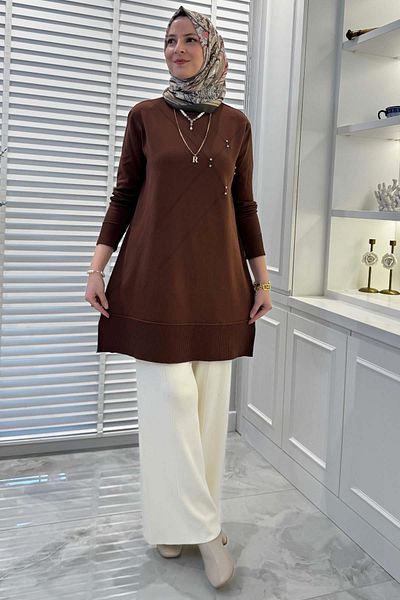 Rabia Şamlı Gonca Stone Knitwear Τούνικ Καφέ