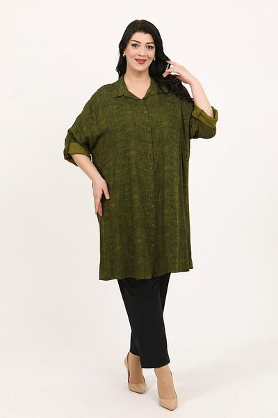 By Alba Collection Women's Army Green Patterned Cotton Viscose Large Size Tunic